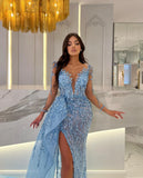 Elegant Sky Blue Mermaid Evening Dresses Illusion V Neck Long Sleeves Sequins Party Prom Dress Split Long Dress for special occasion