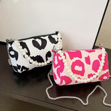 Trendy Cow Tattoos Mini Crossbody Bag, Canvas Zipper Handbag With Faux Pearls Handle, Perfect Shoulder Bag For Daily Use