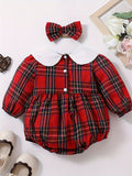 2pcs Baby Girls Cute Doll Collar Plaid Long Sleeve Outdoor Triangle Bodysuit & Headband For Christmas Autumn And Winter