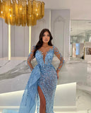 Elegant Sky Blue Mermaid Evening Dresses Illusion V Neck Long Sleeves Sequins Party Prom Dress Split Long Dress for special occasion