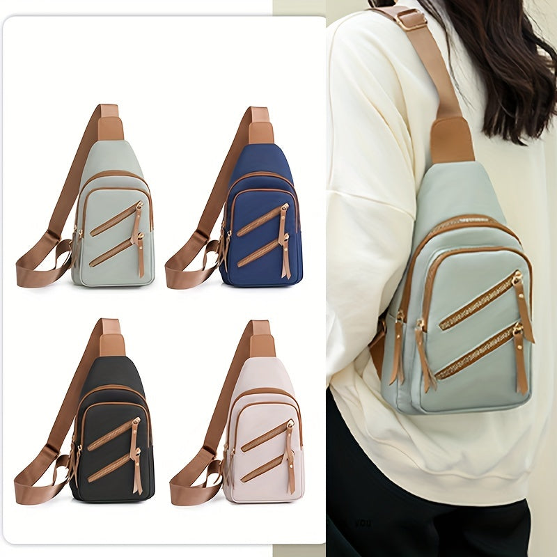 solvbao  Vintage Zipper Front Sling Bag, Multi Pockets Chest Bag, Trendy Nylon Crossbody Bag