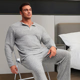 2 Pcs Men's Simple Design Henley Collar Pit Strip Long Sleeves & Pants Premium Pajama Sets, Comfortable & Skin-friendly Style Pajamas For Men's Cozy Loungewear