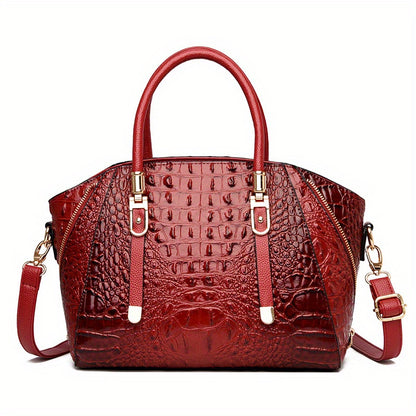 solvbao  Crocodile Embossed Handbag, Elegant PU Crossbody Bag, Women's Top Handle Satchel Purse