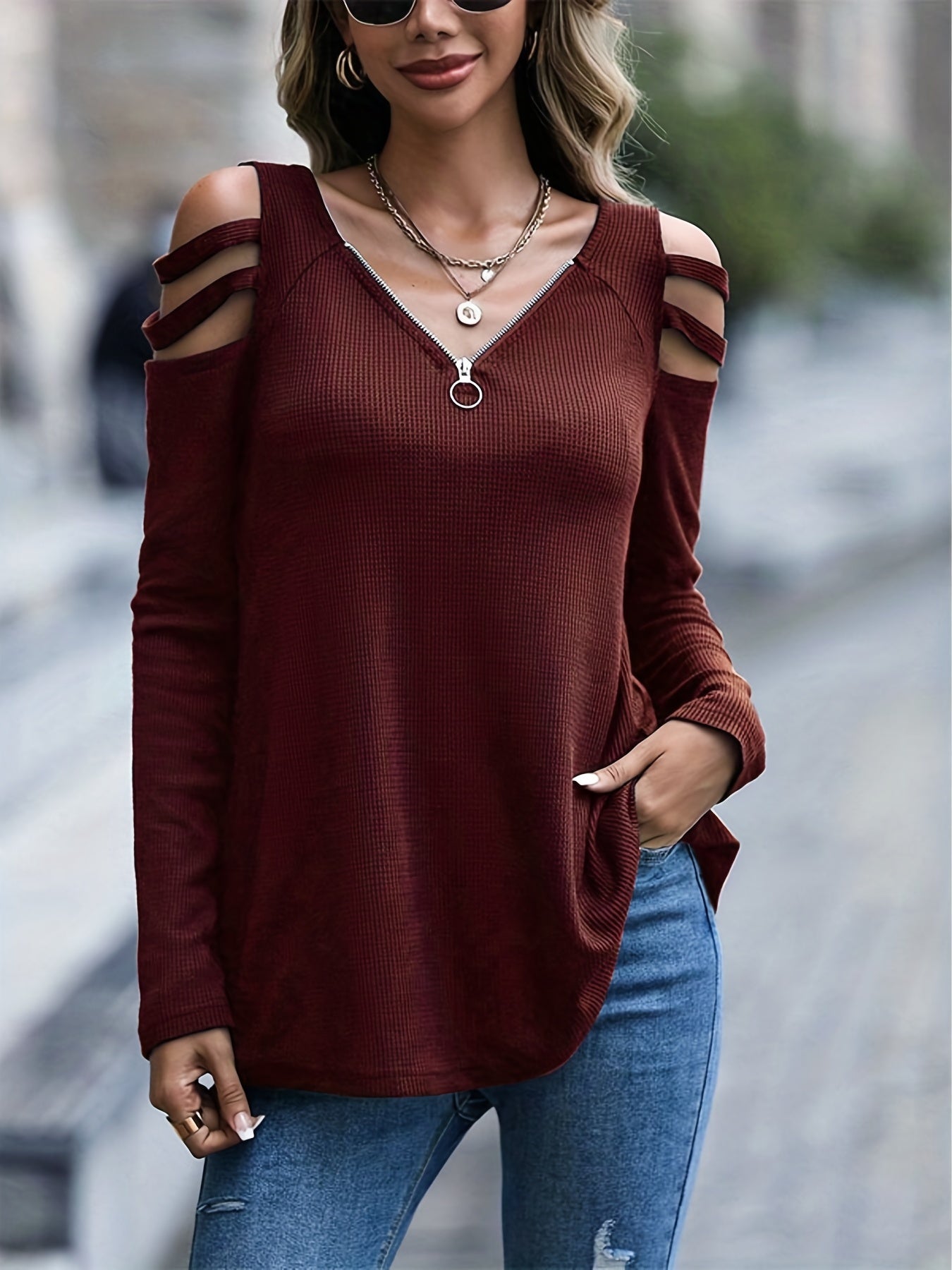 solvbao  Cutout Ribbed Zip Front T-Shirt, Casual Long Sleeve Top For Spring & Fall, Women's Clothing