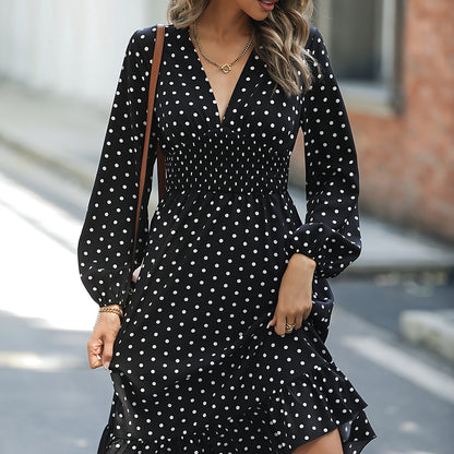 solvbao  Retro V-neck Ruffle Dress, Polka Dot Print Long Sleeve Waist Loose Summer Dresses, Women's Clothing