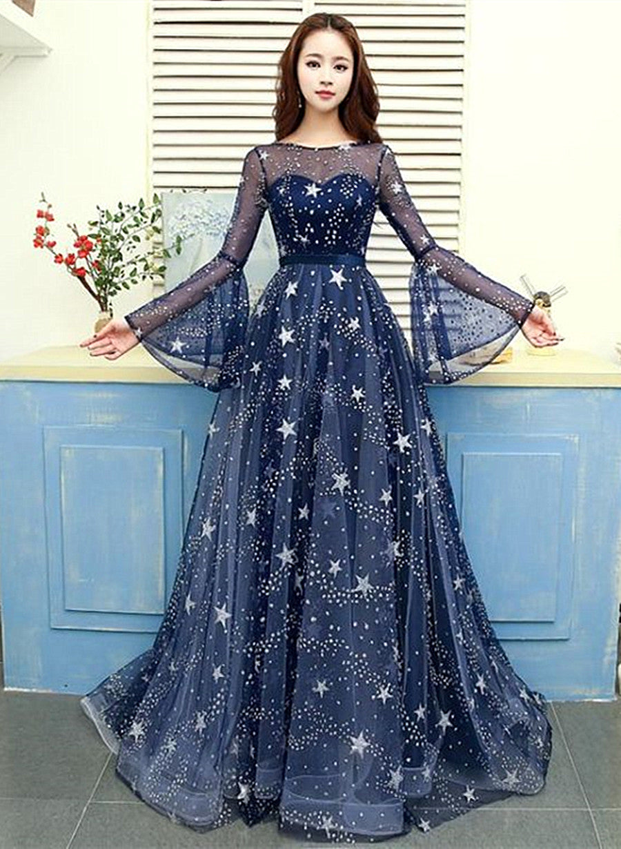 solvbao Navy Blue Tulle Puffy Sleeves Long A-line Prom Dress, Navy Blue Formal Dress