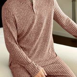 2 Pcs Men's Simple Design Henley Collar Pit Strip Long Sleeves & Pants Premium Pajama Sets, Comfortable & Skin-friendly Style Pajamas For Men's Cozy Loungewear