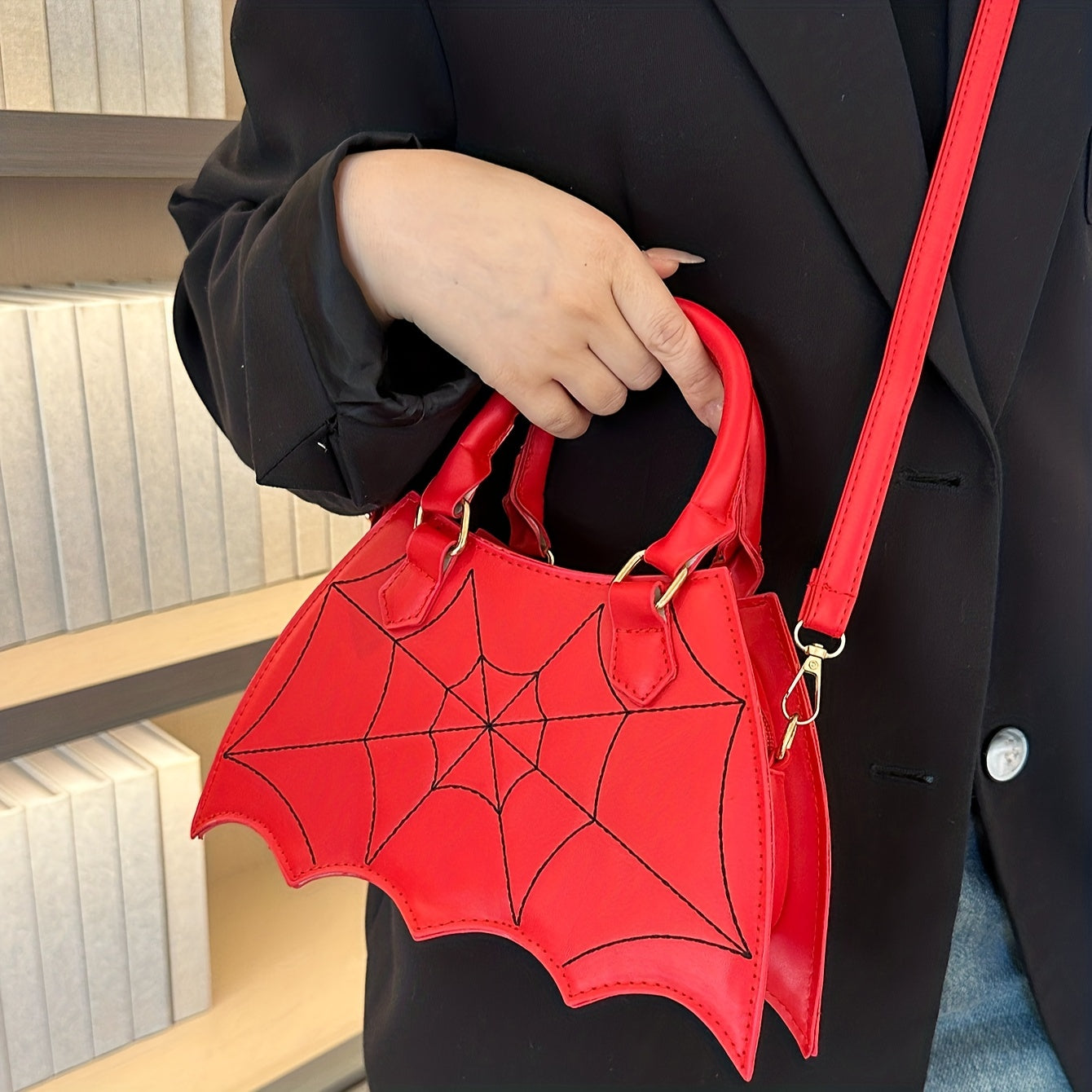 solvbao  Dark Style Y2K Bat Spider Web Handbag, Vintage Faux Leather Crossbody Bag, Halloween Party Purse For Women