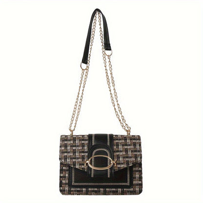 solvbao  Luxury Tweed Crossbody Bag, Fashion Plaid Square Purse, Women's Stylish Chain Shoulder Bag