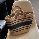 Striped Pattern Straw Bag, Bamboo Handle Summer Beach Bag, Women's Woven Tote Bag Basket