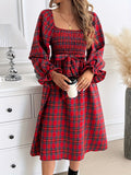 Long Sleeved Brushed A-line Women's Dress with Checkered Print, Elastic Waistband, Front and Back Tied