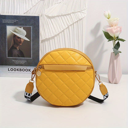 solvbao  Letter Graphic Quilted Circle Bag, Faux Leather Round Argyle Quilted Crossbody Bag, Mini Faux Leather Zipper Shoulder Bag With Wide Strap (7.7*7.9*2.2)inch