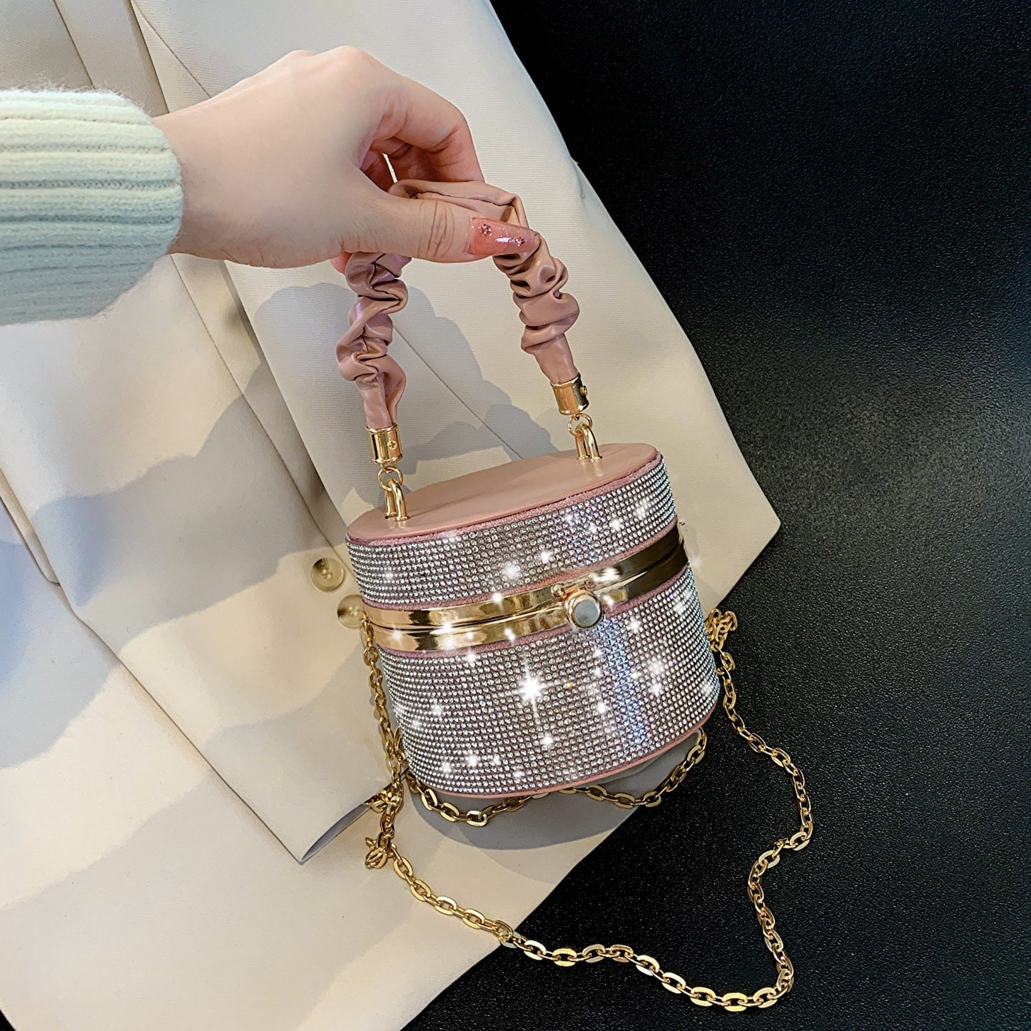 solvbao  Mini Allover Rhinestone Handbag, Ruched Detail Evening Bucket Bag, Stylish Chain Shoulder Purse For Party (3.9*4.7*4.7) Inch