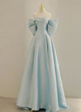 Solvbao Light Blue Chic Satin Off Shoulder Long Party Dress, A-line Light Blue Formal Dress