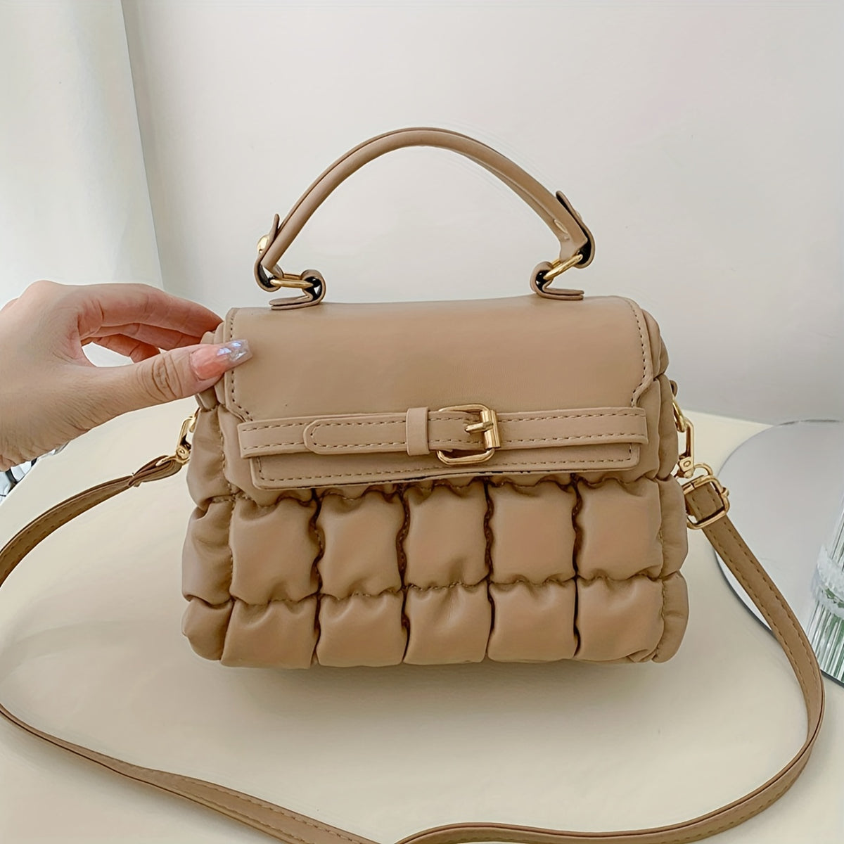 Trendy Solid Color Ruched Design Square Bag, All-Match Women's Crossbody Bag, Textured Buckle Decor Purse