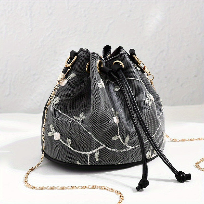 solvbao Sweet Lace Flower Embroidery Bucket Bag, Trendy Niche Shoulder Bag, Drawstring Design Crossbody Bag For Women