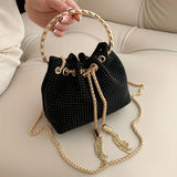 All Over Bright Rhinestone Bucket Bag, Drawstring Small Banquet Satchel Bag, Women's Luxury Dinner Shoulder Chain Bag