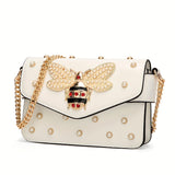 Trendy Bee Crossbody Bag, Faux Pearl Decor Square Purse, Women's Chain Shoulder Bag