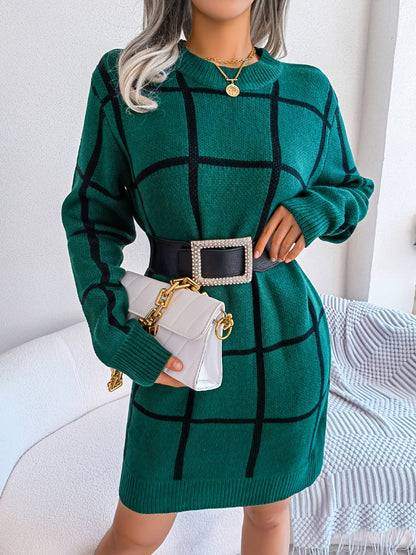 solvbaoColor Block Plaid Round Neck Long Sleeve Sweater Dress, Bag Hip Casual Bodycon Loose Dress, Women's Clothing