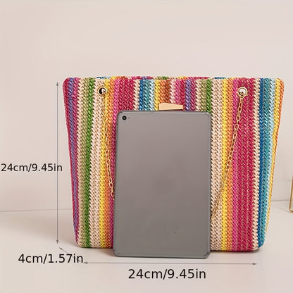 solvbao  Colorful Straw Shoulder Chain Bag, Trendy Woven Handbag, All-Match Niche Bag For Work & Travel