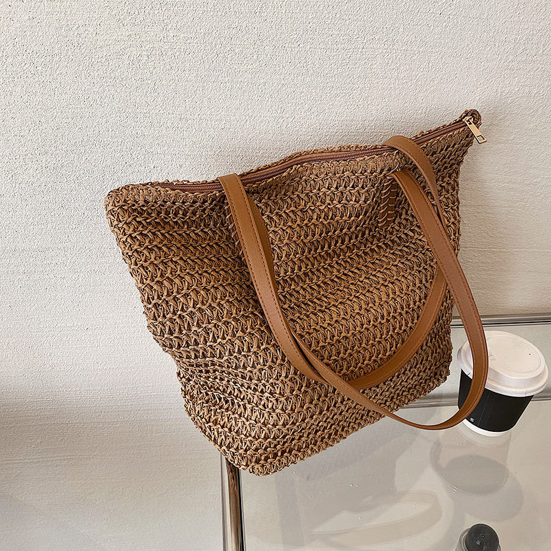 solvbao  Simple Shoulder Bag, Woven Handbag, Travel Beach Bag, Stylish All-Match Shoulder Bag