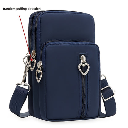 Mini Heart Zipper Phone Bag, Nylon Canvas Crossbody Bag, Multi Layer Zipper Around Purse (3.54*6.7*2.36) Inch