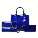 3Pcs Patent Leather Bag Set, Fashion Handbags With Chain Crossbody Bag & Clutch Purse & Card Holder