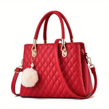 solvbao Elegant Argyle Quilted Handbag, Fashion Top Handle Satchel Purse, Women's Crossbody Bag With Pompom Ball Pendent