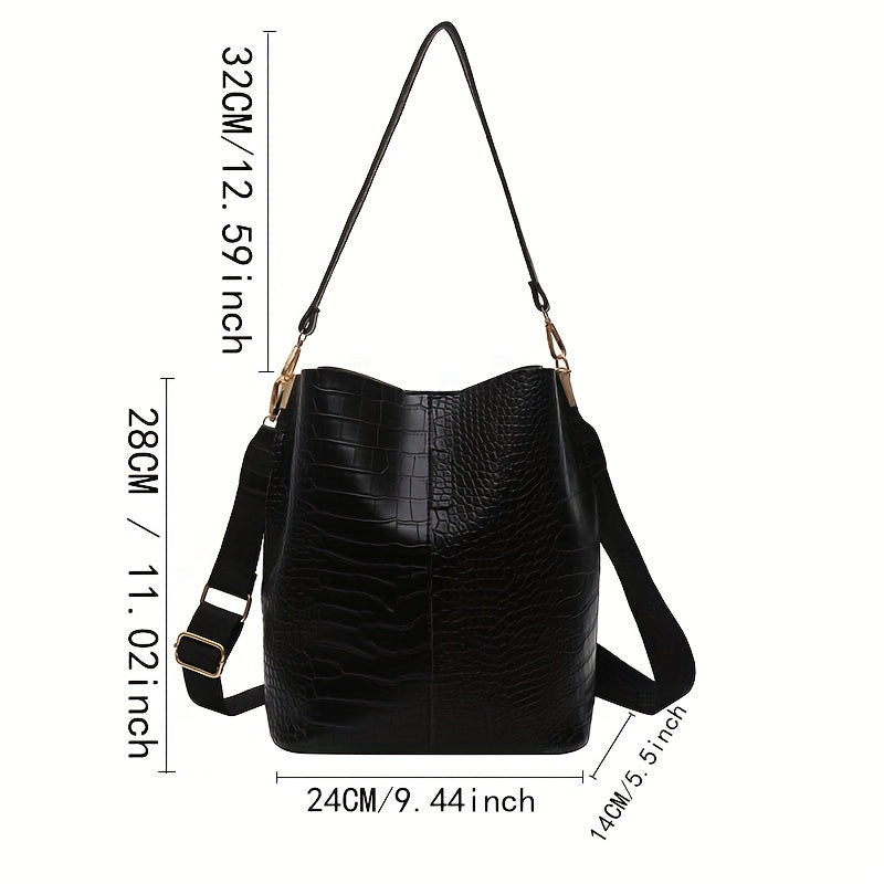 solvbao  Fashion Crocodile Print Bucket Bag, Solid Color Shoulder Bag, Perfect Crossbody Bag For Daily Use