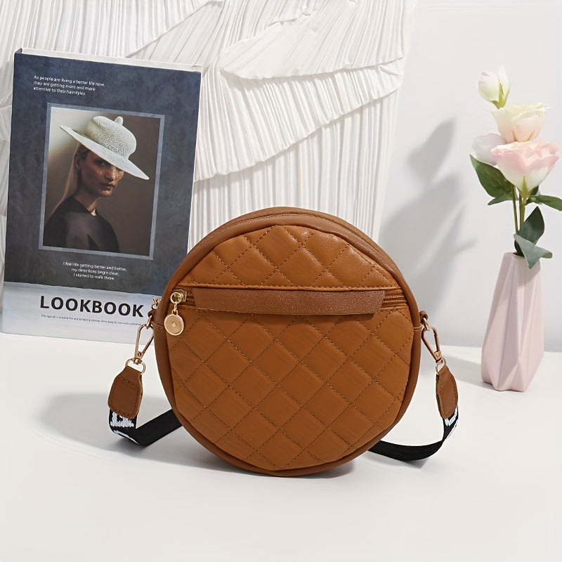 solvbao  Letter Graphic Quilted Circle Bag, Faux Leather Round Argyle Quilted Crossbody Bag, Mini Faux Leather Zipper Shoulder Bag With Wide Strap (7.7*7.9*2.2)inch