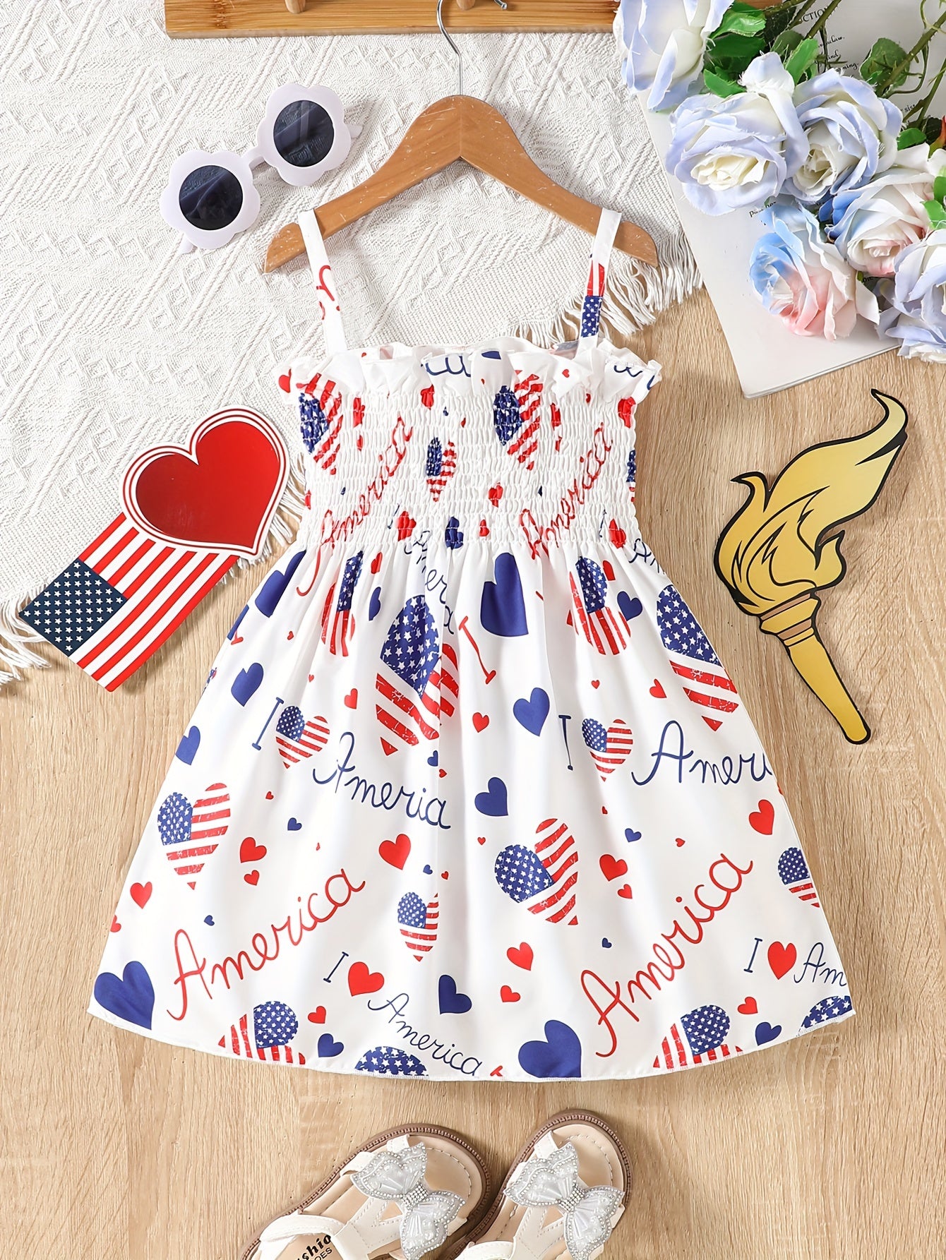 Girls All-American Flag Print Cami Sundress - Adorable 4th of July Party Dress for Summer Holidays