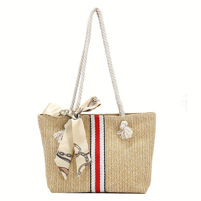 solvbao  Striped Pattern Straw Tote Bag, Travel Beach Shoulder Bag, Simple Bag With Scarf Decor