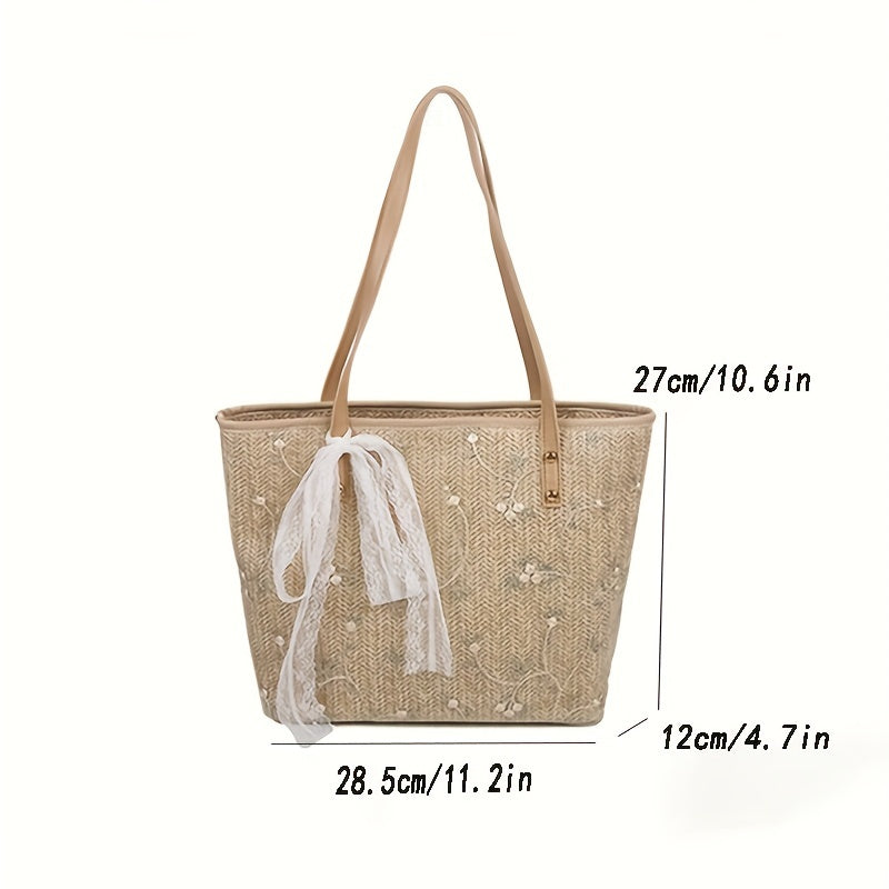 solvbao  Woven Straw Tote Bag For Women, Flower Lace Summer Beach Bag, Trendy Shoulder Bag For Travel