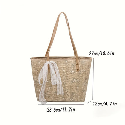 solvbao  Woven Straw Tote Bag For Women, Flower Lace Summer Beach Bag, Trendy Shoulder Bag For Travel