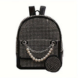 solvbao Trendy Rivet Decor Backpack, Faux Pearls Chain Decor Knapsack & Round Coin Bag, Perfect Daypack For Daily Use