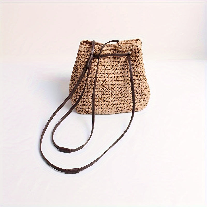 solvbao  Mini Straw Bucket Bag For Women, Summer Holiday Crossbody Bag, Stylish Drawstring Shoulder Beach Bag