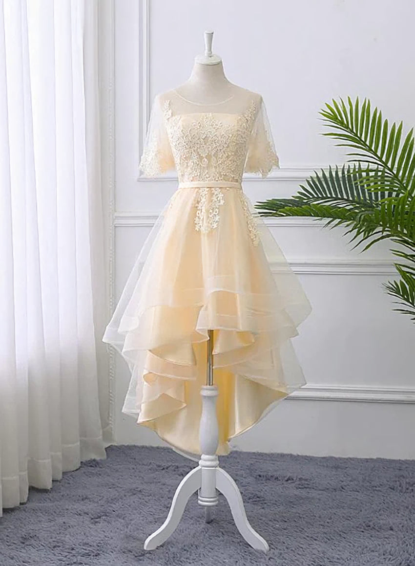 Adorable Light Champagne High Low Party Dress with Lace Applique, Short Homecoming Dress