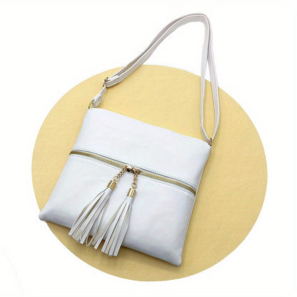 solvbao Double Zipper Crossbody Bag, Tassel Decor Square Purse, Women's Solid Color Shoulder Bag