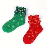 2pcs Girls' Festive Christmas Socks with Bow Ties - Snowflake Patterns in Red & Green, Soft Polyester Blend, Perfect Holiday Gift