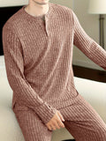 2 Pcs Men's Simple Design Henley Collar Pit Strip Long Sleeves & Pants Premium Pajama Sets, Comfortable & Skin-friendly Style Pajamas For Men's Cozy Loungewear