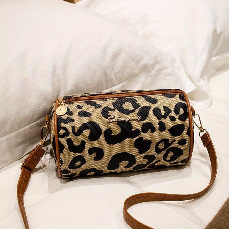 Leopard Print Small Barrel Bag, Vintage Stylish Cylinder Bag, Women's Versatile Crossbody Bag & Purse