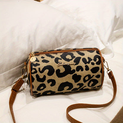 Leopard Print Small Barrel Bag, Vintage Stylish Cylinder Bag, Women's Versatile Crossbody Bag & Purse