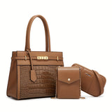 3pcs Crocodile Pattern Bag Set, Fashion Retro Tote Bag With Crossbody Bag And Mobile Phone Purse