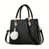 solvbao Elegant Argyle Quilted Handbag, Fashion Top Handle Satchel Purse, Women's Crossbody Bag With Pompom Ball Pendent