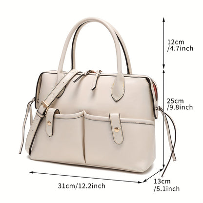 Retro Style Solid Color Handbag, Oil Wax Leather Shoulder Bag, Multi Pockets Office & Work Tote Bag