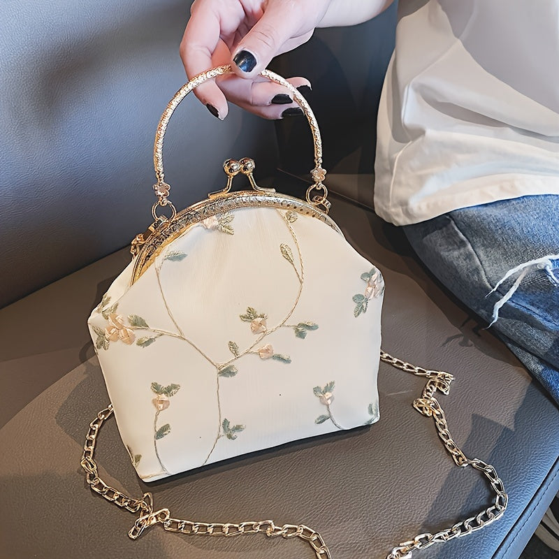 solvbao  Hanfu Cheongsam Lace Handbag, Floral Embroidery Clip Purse, Vintage Chain Crossbody Bag For Women