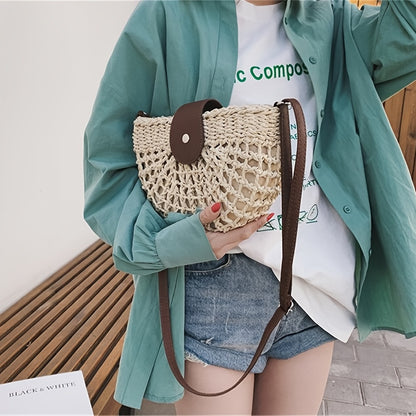 solvbao  Women's Stylish Woven Beach Bag, Saddle Bag For Travel, Trendy Versatile Bag For Outdoor