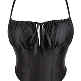 Solid Ruched Corset Cami Top - Flattering Adjustable Tie Front Crop - Versatile Summer Style for Women