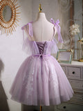 Aline Lace Short Purple Prom Dress,  Puffy Purple Homecoming Dress