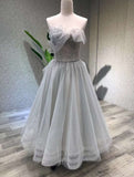 Aline Tea Length Gray Prom Dress, Gray Tulle Homecoming Dress